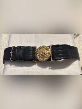 Vanguard Military Sword Belt Men's Black Leather with Gold Medallion Buckle